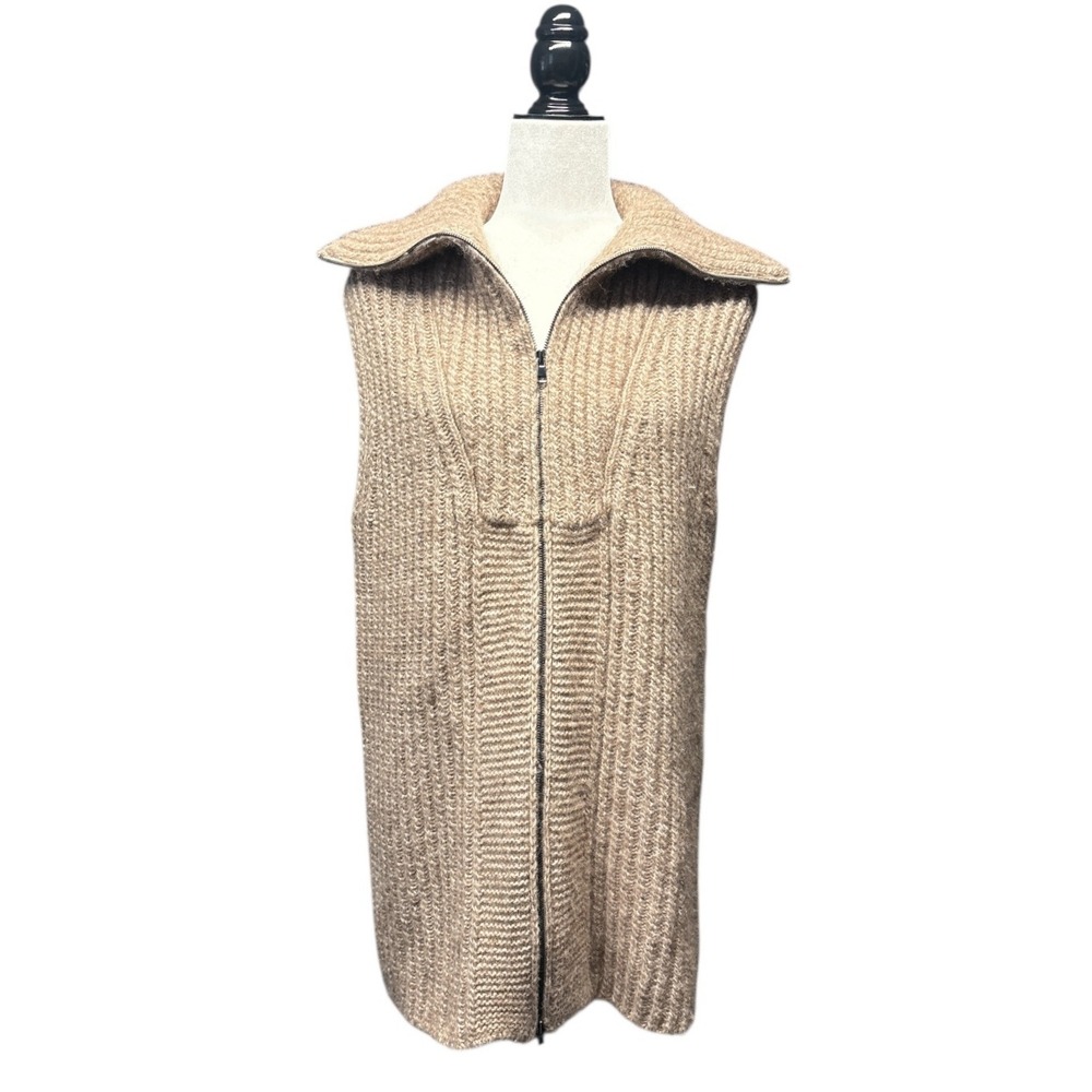 VINCE Oversized Long Knit Vest Zip Front Collar Beige Alpaca Wool Blend Women XS